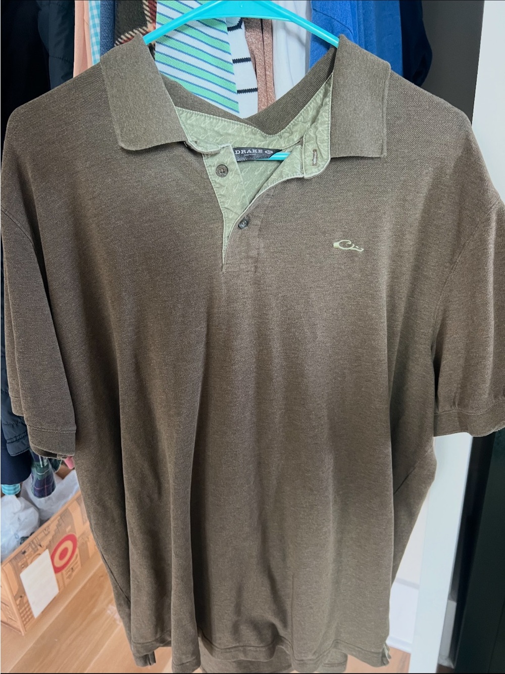 Drakes Men's Polo in Olive/Brown with Contrast Inner Placket